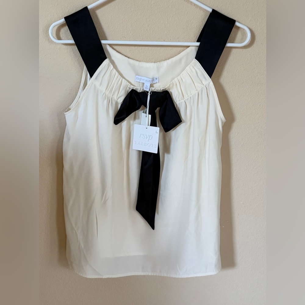 Talbots RSVP Sleeveless Silk Blouse Cream with Black Bow Accent Women’s Petite S - Picture 3 of 7